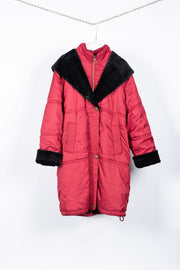 Raspberry jacket with faux fur hood