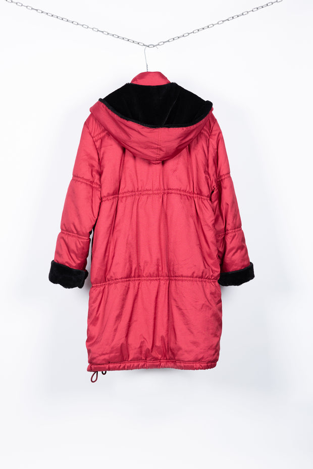 Raspberry jacket with faux fur hood